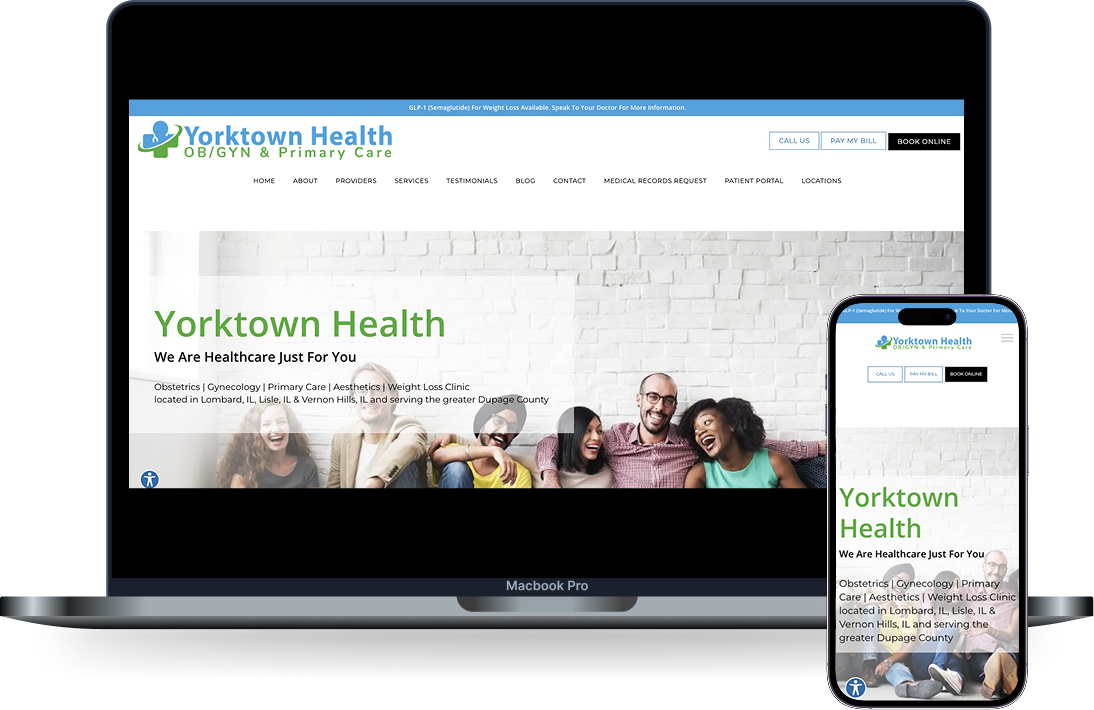 Yorktown Health website shown on a laptop and a phone